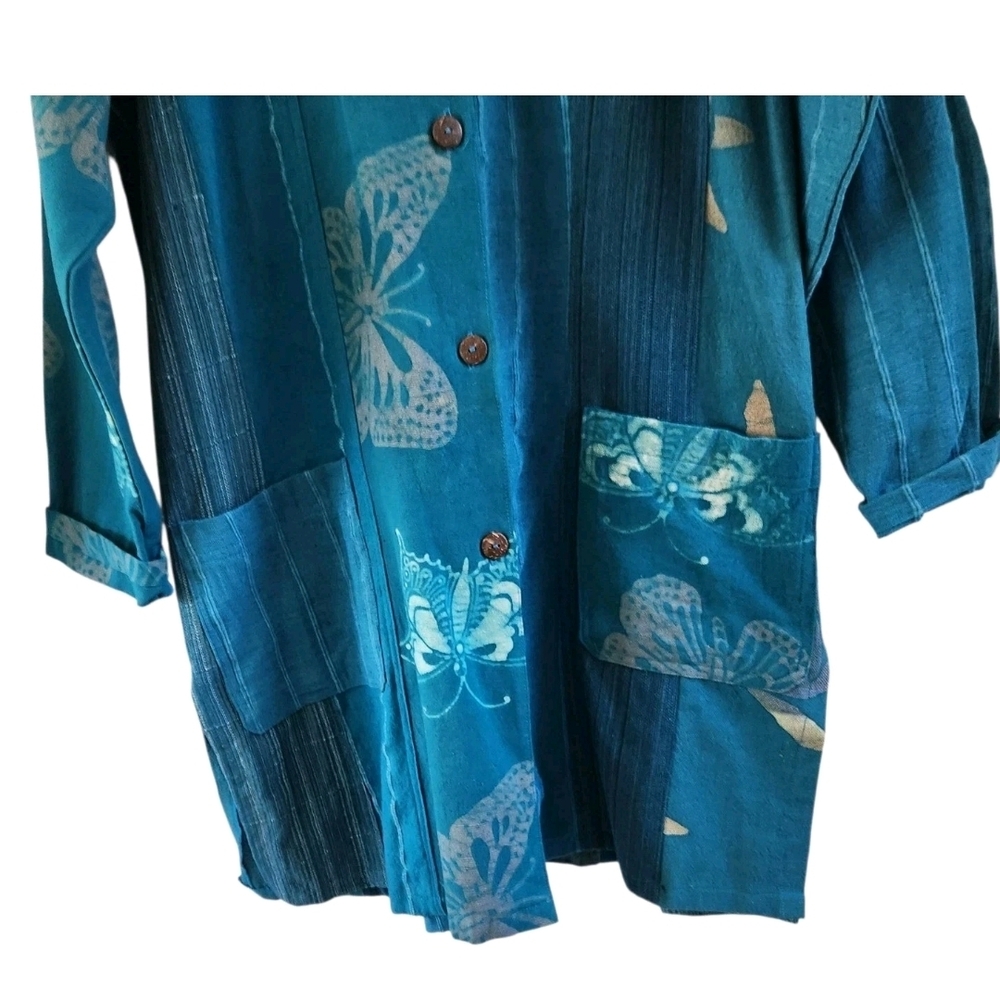 Wild Thing Wild Woman Cotton Button Long Jacket Blue Butterfly Size S M Pockets - Picture 3 of 9